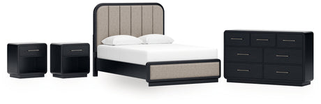 Rowanbeck Queen Upholstered Panel Bed with Dresser and 2 Nightstands in Gray/Black from Ashley - Luna Furniture