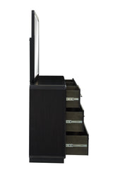 Rowanbeck Queen Upholstered Panel Bed with Mirrored Dresser and 2 Nightstands in Gray/Black from Ashley - Luna Furniture