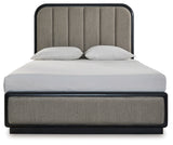 Rowanbeck Queen Upholstered Panel Bed with Mirrored Dresser and Chest in Gray/Black from Ashley - Luna Furniture