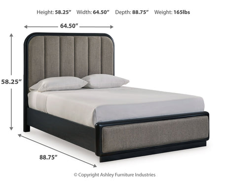 Rowanbeck Queen Upholstered Panel Bed with Mirrored Dresser, Chest and 2 Nightstands in Gray/Black from Ashley - Luna Furniture