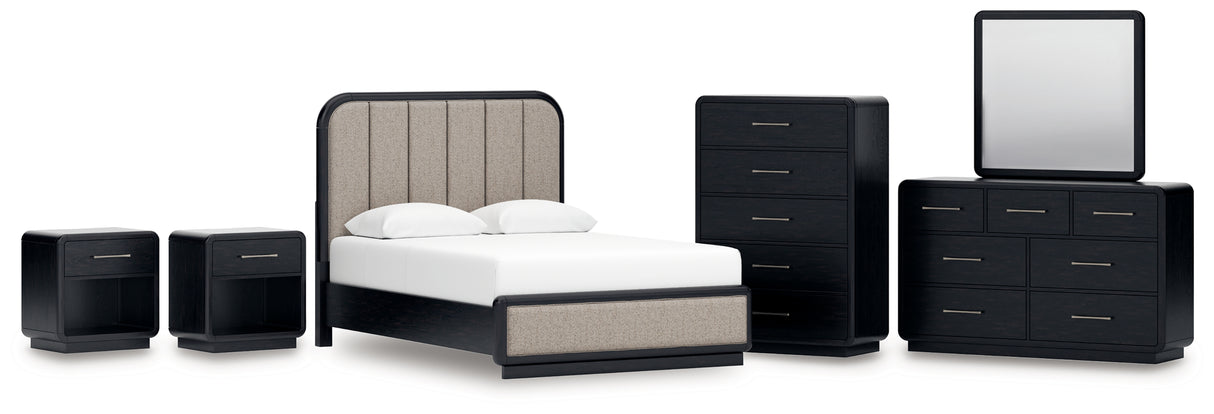 Rowanbeck Queen Upholstered Panel Bed with Mirrored Dresser, Chest and 2 Nightstands in Gray/Black from Ashley - Luna Furniture
