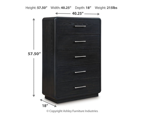 Rowanbeck Queen Upholstered Panel Bed with Mirrored Dresser, Chest and 2 Nightstands in Gray/Black from Ashley - Luna Furniture