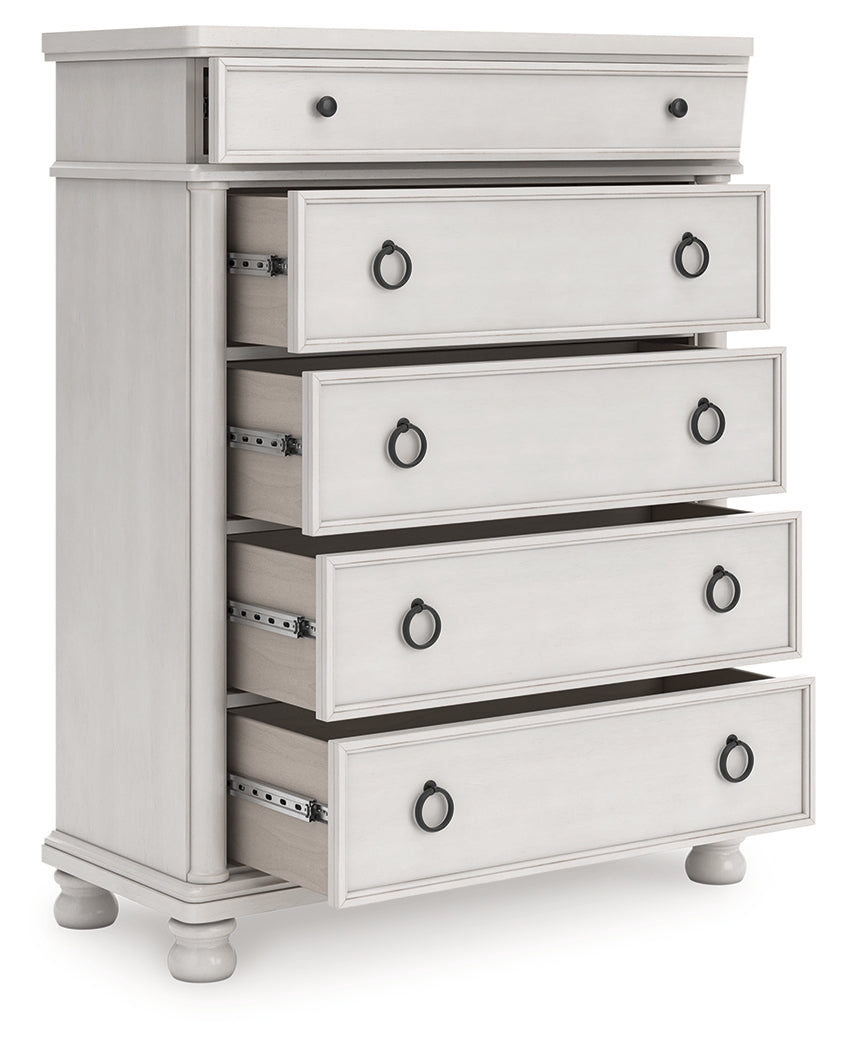 Rowlenstown California King Poster Bed with Dresser and Chest in Antique White from Ashley - Luna Furniture