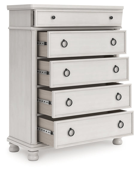 Rowlenstown California King Poster Bed with Dresser and Chest in Antique White from Ashley - Luna Furniture