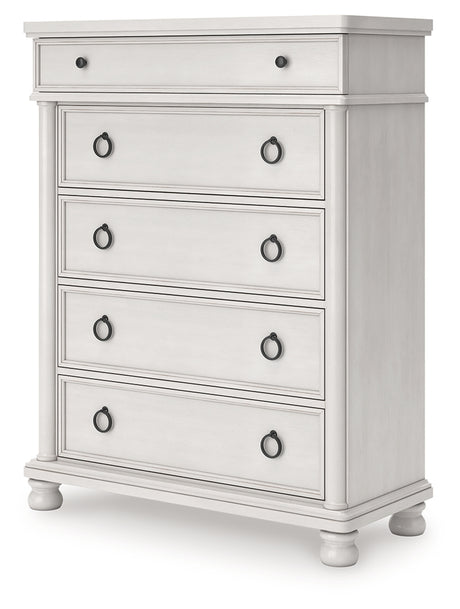 Rowlenstown California King Poster Bed with Dresser and Chest in Antique White from Ashley - Luna Furniture