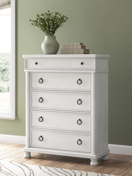 Rowlenstown California King Poster Bed with Dresser and Chest in Antique White from Ashley - Luna Furniture