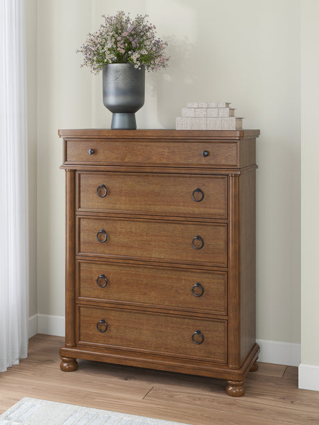 Rowlenstown California King Poster Bed with Dresser and Chest in Brown from Ashley - Luna Furniture