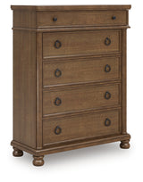 Rowlenstown California King Poster Bed with Dresser and Chest in Brown from Ashley Furniture - Luna Furniture