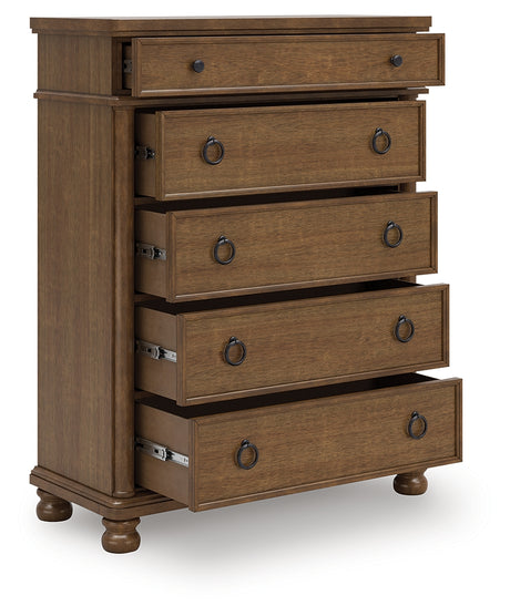 Rowlenstown California King Poster Bed with Dresser and Chest in Brown from Ashley - Luna Furniture