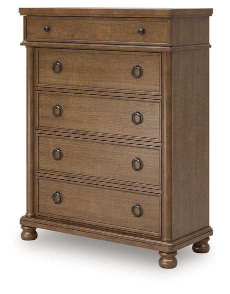 Rowlenstown California King Poster Bed with Dresser and Chest in Brown from Ashley - Luna Furniture
