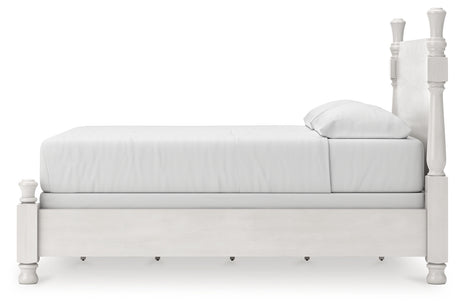 Rowlenstown California King Poster Bed with Mirrored Dresser and Nightstand in Antique White from Ashley - Luna Furniture