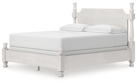 Rowlenstown California King Poster Bed with Mirrored Dresser and Nightstand in Antique White from Ashley - Luna Furniture