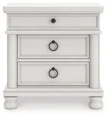 Rowlenstown California King Poster Bed with Mirrored Dresser and Nightstand in Antique White from Ashley - Luna Furniture