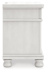 Rowlenstown California King Poster Bed with Mirrored Dresser and Nightstand in Antique White from Ashley - Luna Furniture