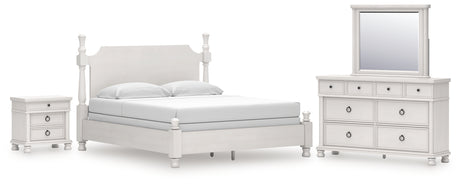 Rowlenstown California King Poster Bed with Mirrored Dresser and Nightstand in Antique White from Ashley - Luna Furniture