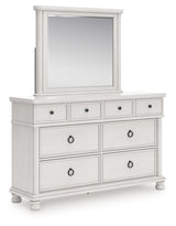Rowlenstown California King Poster Bed with Mirrored Dresser and Nightstand in Antique White from Ashley - Luna Furniture