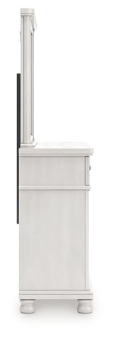 Rowlenstown California King Poster Bed with Mirrored Dresser and Nightstand in Antique White from Ashley - Luna Furniture