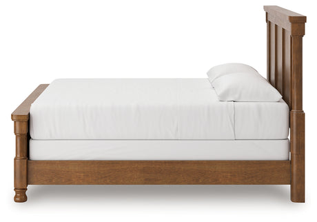 Rowlenstown California King Poster Bed with Mirrored Dresser and Nightstand in Brown from Ashley - Luna Furniture