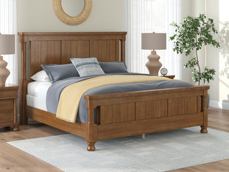 Rowlenstown California King Poster Bed with Mirrored Dresser and Nightstand in Brown from Ashley - Luna Furniture