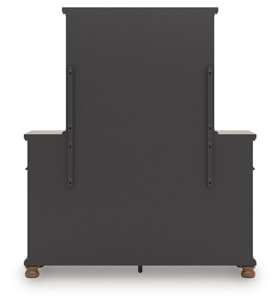 Rowlenstown California King Poster Bed with Mirrored Dresser and Nightstand in Brown from Ashley Furniture - Luna Furniture