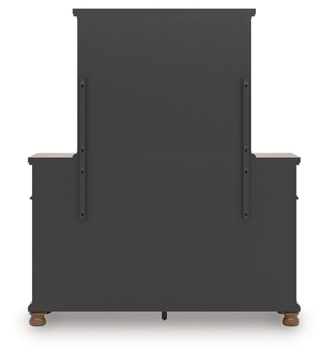 Rowlenstown California King Poster Bed with Mirrored Dresser and Nightstand in Brown from Ashley - Luna Furniture