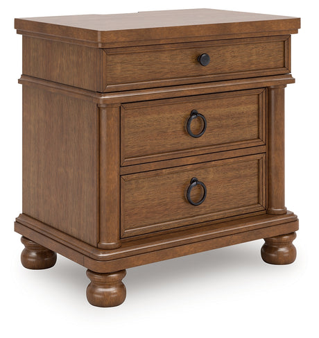 Rowlenstown California King Poster Bed with Mirrored Dresser and Nightstand in Brown from Ashley - Luna Furniture