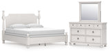Rowlenstown California King Poster Bed with Mirrored Dresser in Antique White from Ashley - Luna Furniture