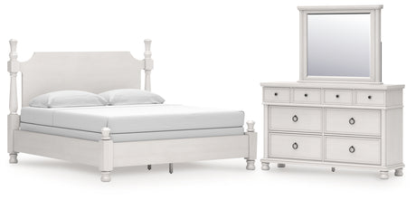 Rowlenstown California King Poster Bed with Mirrored Dresser in Antique White from Ashley - Luna Furniture