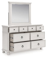 Rowlenstown California King Poster Bed with Mirrored Dresser in Antique White from Ashley - Luna Furniture