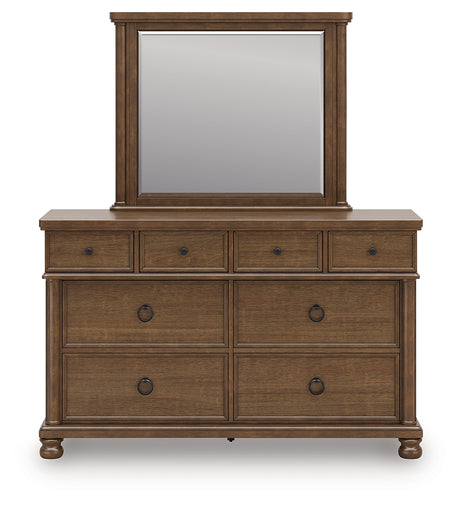 Rowlenstown California King Poster Bed with Mirrored Dresser in Brown from Ashley - Luna Furniture