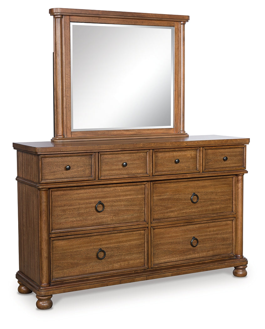 Rowlenstown California King Poster Bed with Mirrored Dresser in Brown from Ashley - Luna Furniture