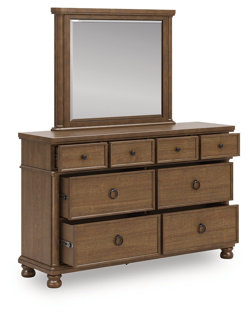 Rowlenstown California King Poster Bed with Mirrored Dresser in Brown from Ashley - Luna Furniture