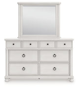 Rowlenstown Queen Poster Bed with Mirrored Dresser and Nightstand in Antique White from Ashley - Luna Furniture