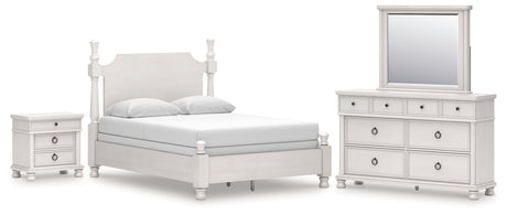 Rowlenstown Queen Poster Bed with Mirrored Dresser and Nightstand in Antique White from Ashley - Luna Furniture