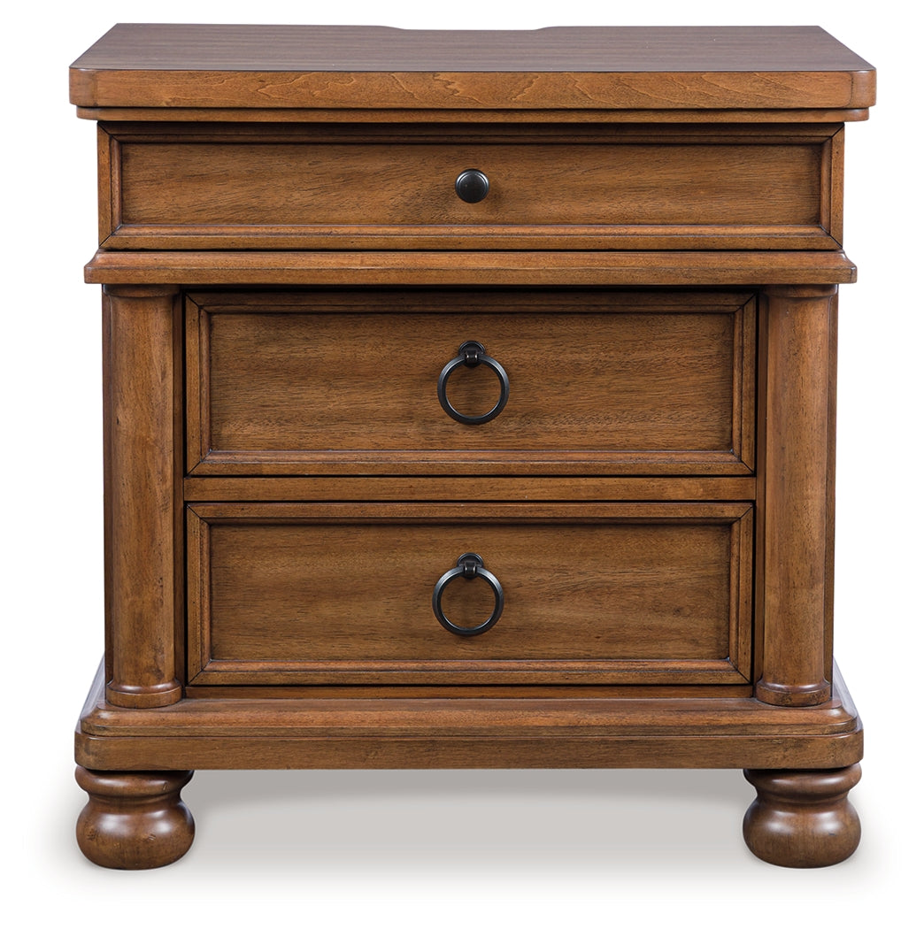 Rowlenstown Queen Poster Bed with Mirrored Dresser and Nightstand in Brown from Ashley - Luna Furniture