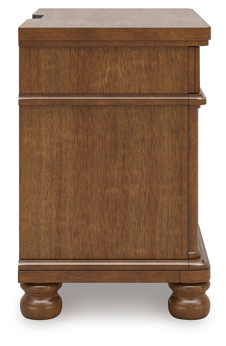 Rowlenstown Queen Poster Bed with Mirrored Dresser and Nightstand in Brown from Ashley - Luna Furniture