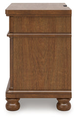 Rowlenstown Queen Poster Bed with Mirrored Dresser and Nightstand in Brown from Ashley - Luna Furniture
