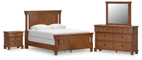 Rowlenstown Queen Poster Bed with Mirrored Dresser and Nightstand in Brown from Ashley - Luna Furniture