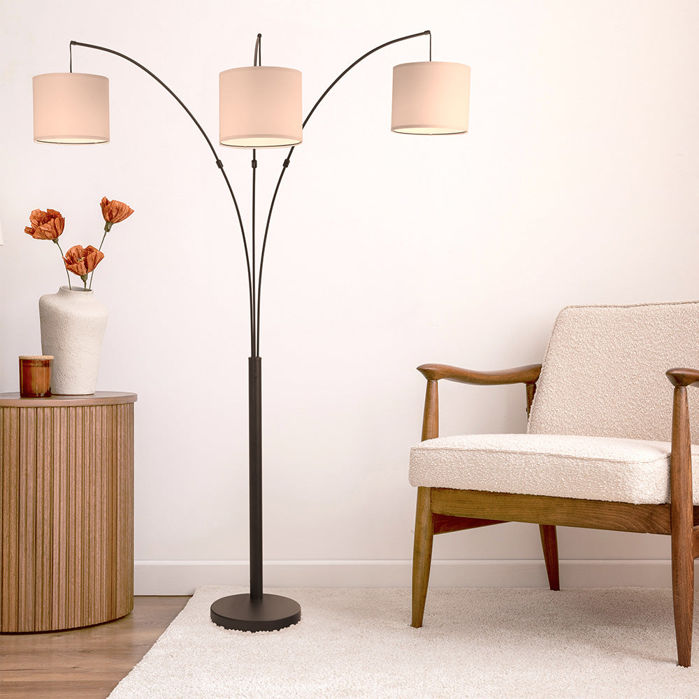 Royal 3-Arm Metal Arc Floor Lamp, Oil Rubbed Bonze with Linen Shade, 4 way Rotary Switch from Midinmod - Luna Furniture