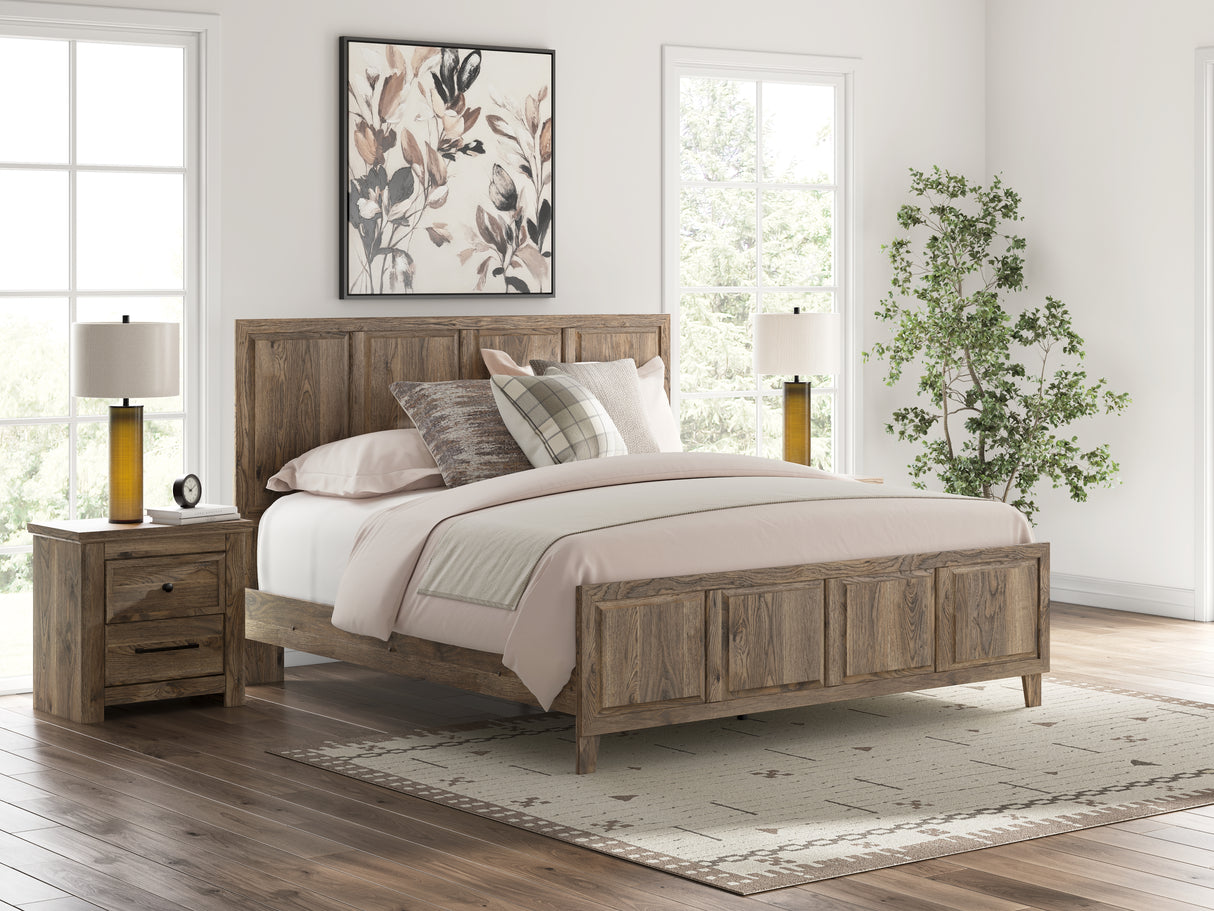 Rusticott King Panel Bed with Mirrored Dresser and Nightstand in Brown from Ashley Furniture - Luna Furniture