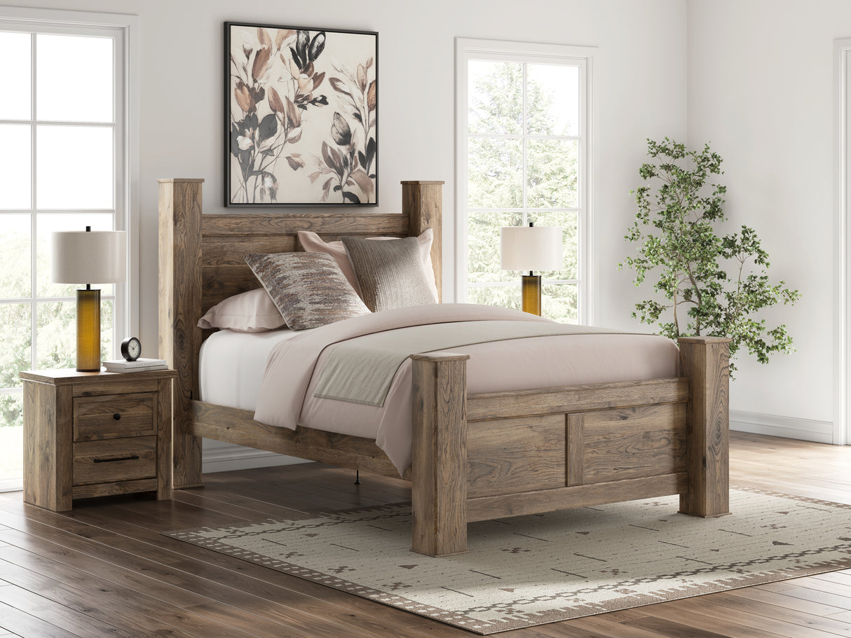 Rusticott Queen Poster Bed with Mirrored Dresser and Nightstand in Brown from Ashley Furniture - Luna Furniture