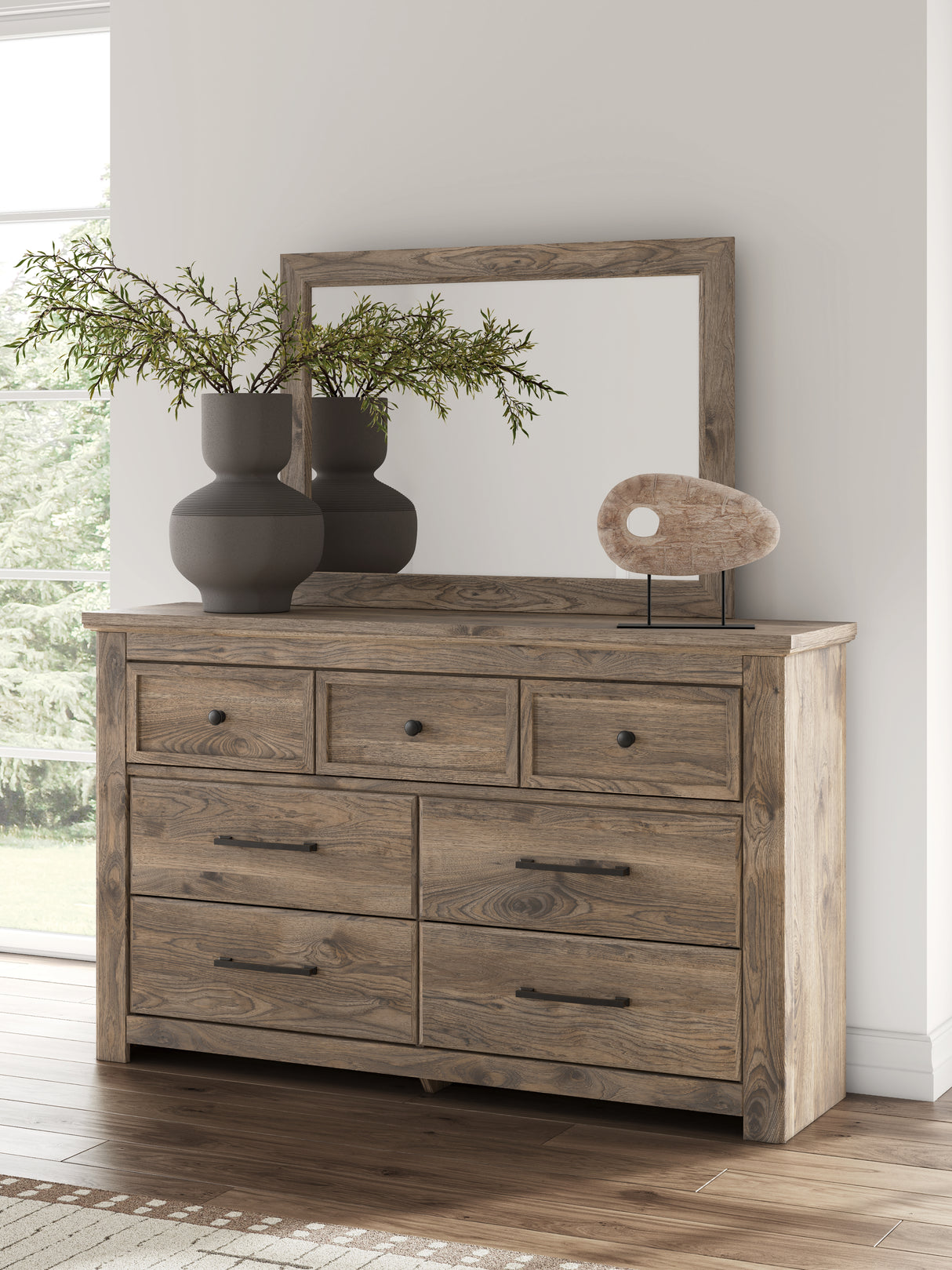 Rusticott Queen Poster Bed with Mirrored Dresser in Brown from Ashley - Luna Furniture