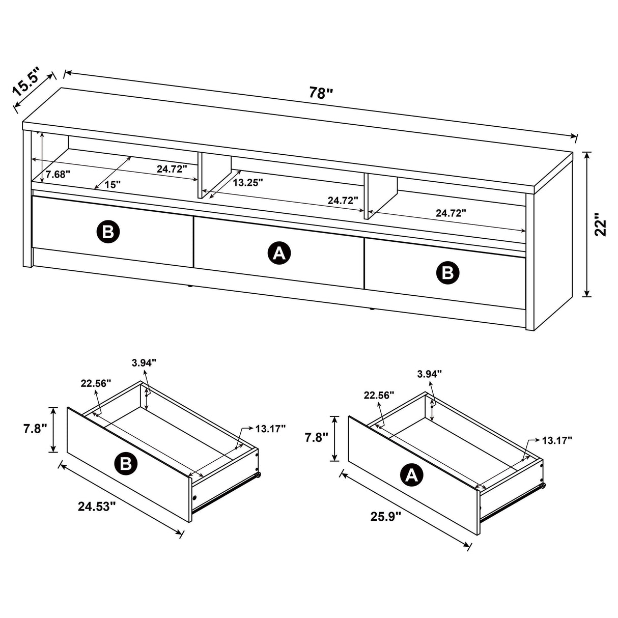 Rutland Black 78-inch 3-Drawer TV Stand Media Console from Coaster - Luna Furniture