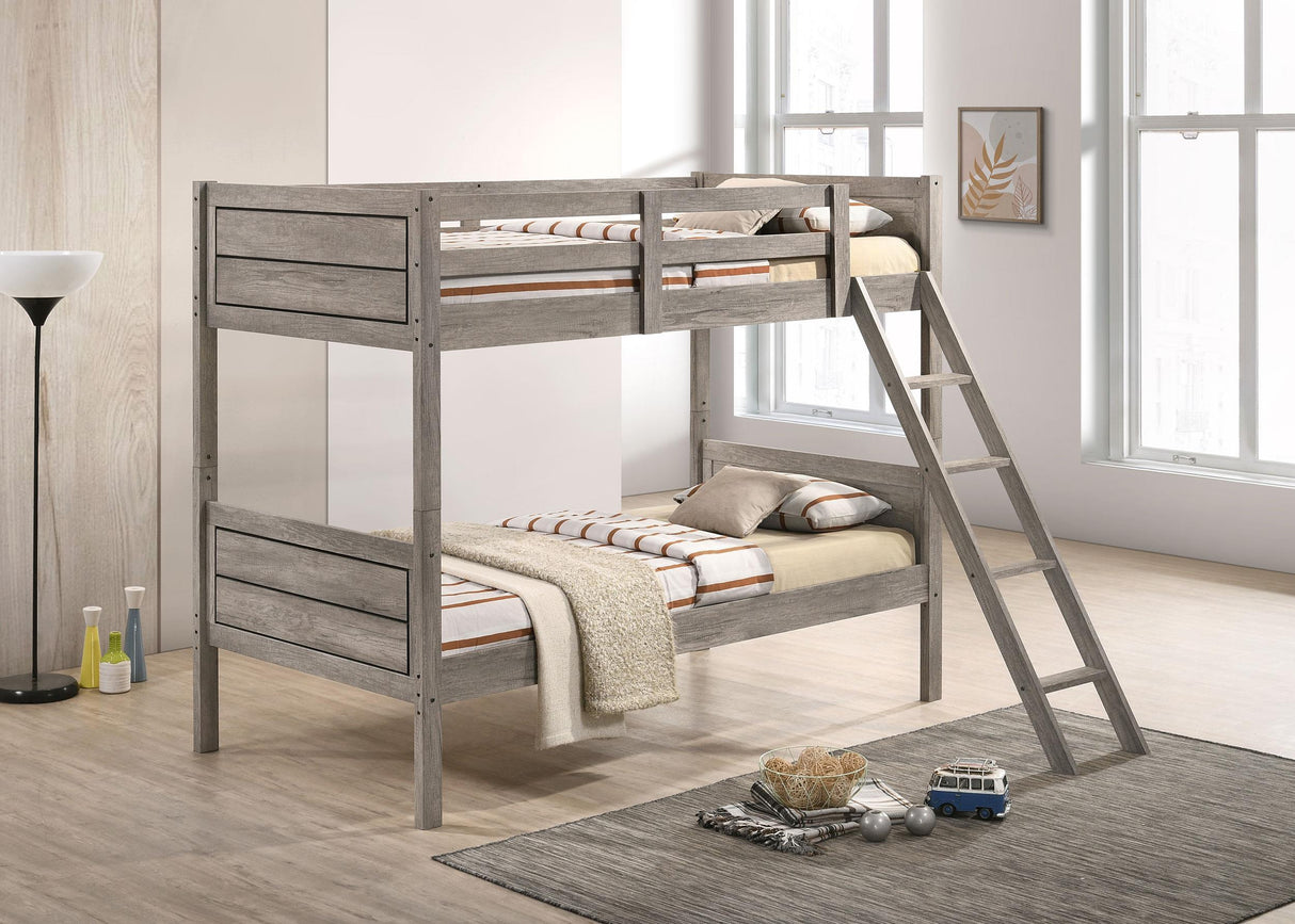 Ryder Weathered Taupe Wood Twin Over Twin Bunk Bed with Mattresses from Coaster - Luna Furniture