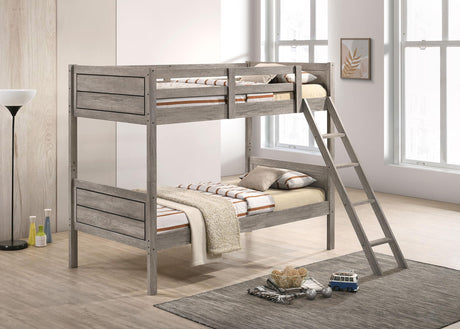 Ryder Weathered Taupe Wood Twin Over Twin Bunk Bed with Mattresses from Coaster - Luna Furniture
