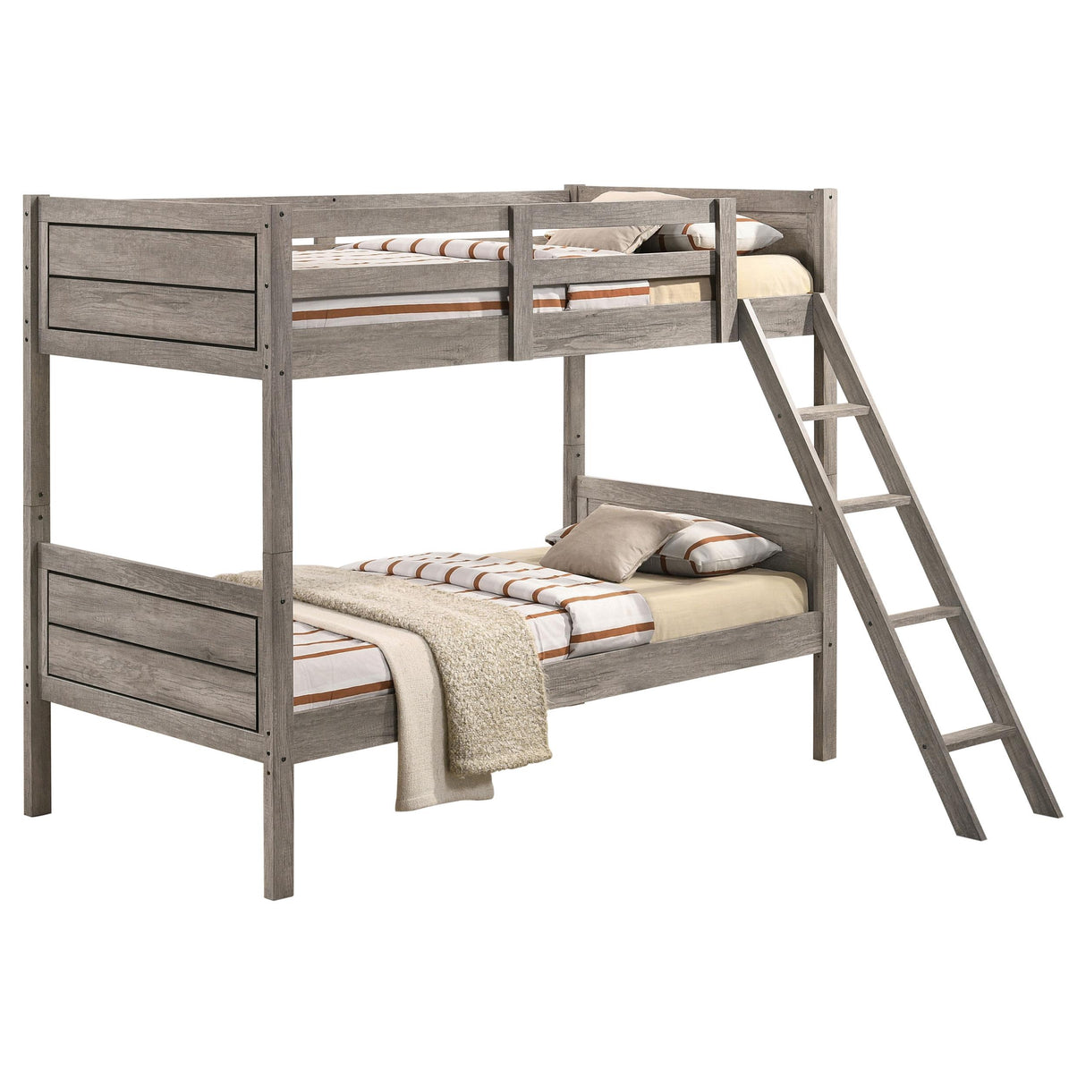 Ryder Weathered Taupe Wood Twin Over Twin Bunk Bed with Mattresses from Coaster - Luna Furniture