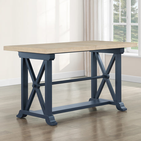 Darcy 64-82″Counter Table with 18-inch leaf, Midnight Blue and Natural Finish from Steve Silver - Luna Furniture