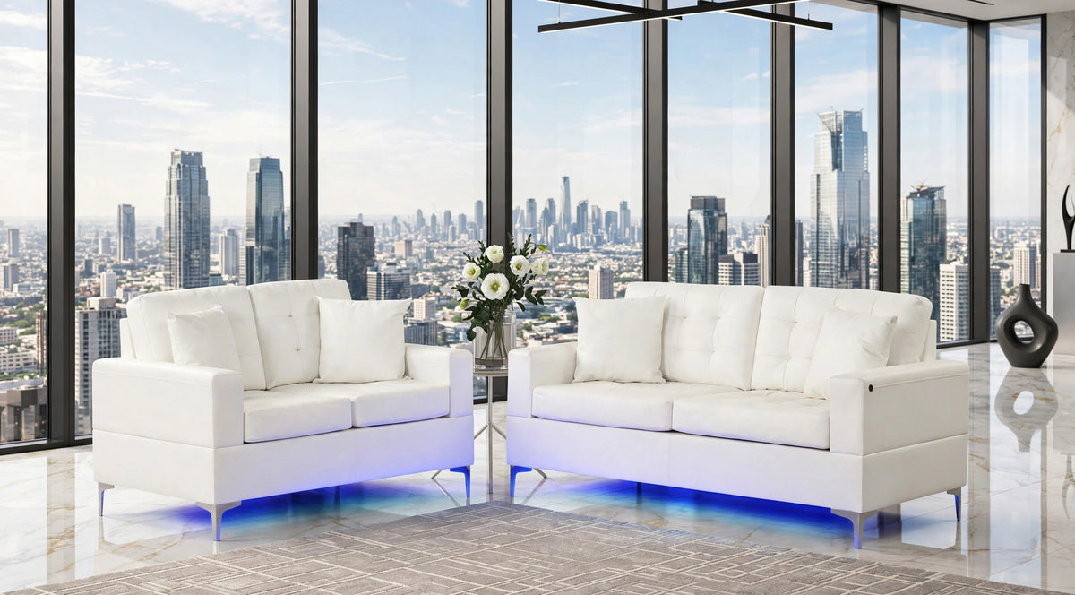 Miami White Living Room Set with LED Lights