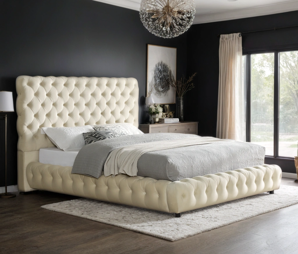 Dream Beige Velvet Upholstered Queen Platform Bed