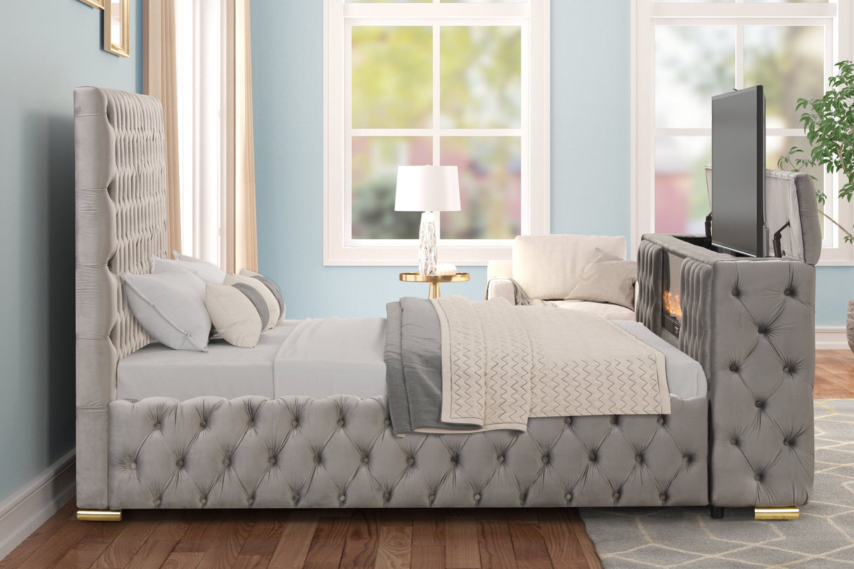 Future Gray King Velvet Platform Bed with TV Lift from Happy Homes - Luna Furniture